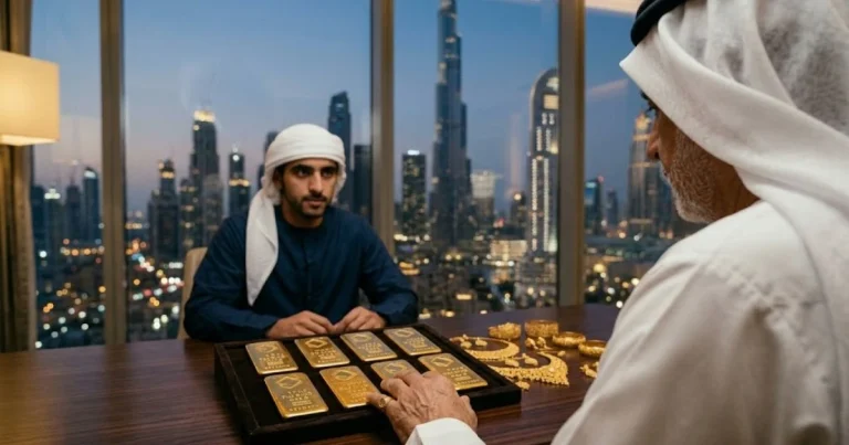 An Emirati father showing physical gold inheritance in the UAE, including gold bars and jewelry, to his son in a luxury Dubai apartment at twilight.