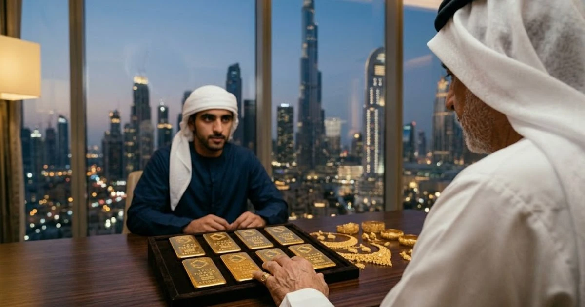 An Emirati father showing physical gold inheritance in the UAE, including gold bars and jewelry, to his son in a luxury Dubai apartment at twilight.