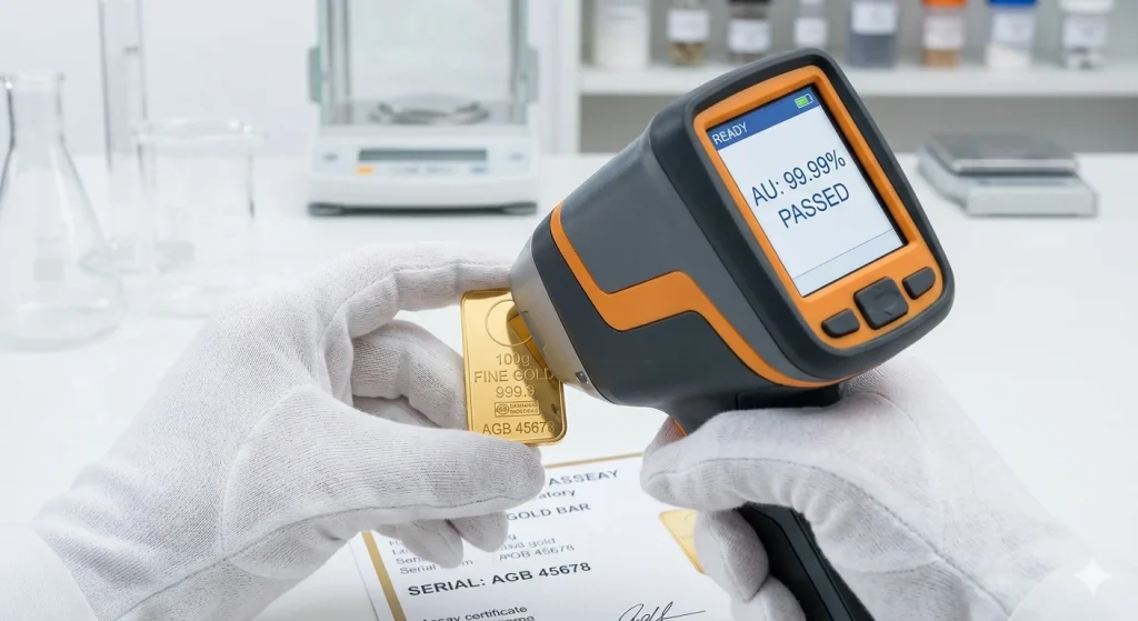 An assayer using a spectrometer to verify the purity and authenticity of an accredited investment gold bar.