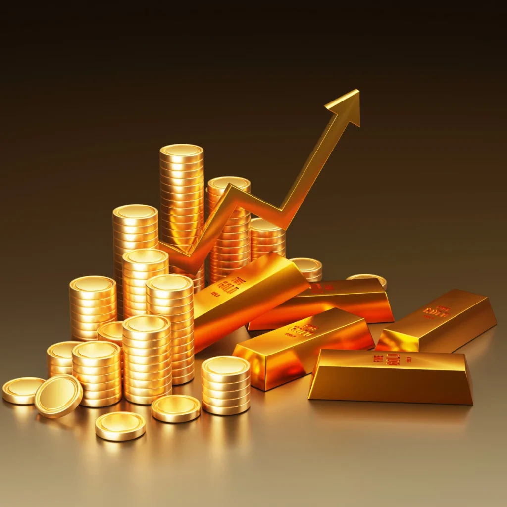 Aufsteigender Markttrend-Pfeil mit physischen Goldbarren und Münzen für institutionelles Goldinvestment.