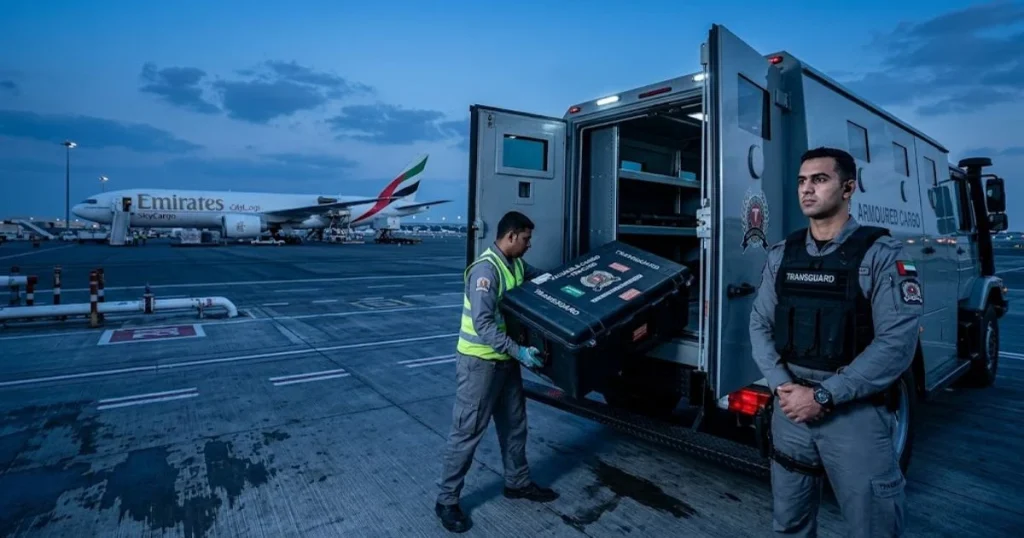 Beveiligd waardetransport op de luchthaven van Dubai, met een gewapende bewaker bij een gepantserd voertuig dat net goud uit Afrika heeft ontvangen.