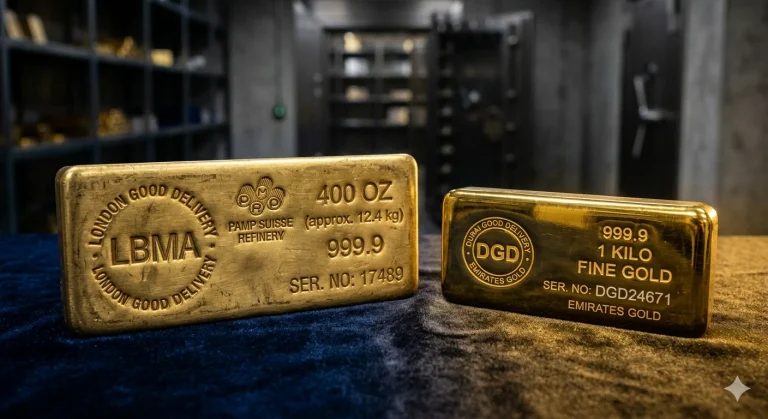 Comparison of a large 400 oz LBMA gold bar and a 1 kgComparison of a large 400 oz LBMA gold bar and a 1 kg Dubai gold standard bar on a velvet surface. on a velvet surface.