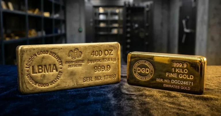 Comparison of a large 400 oz LBMA gold bar and a 1 kgComparison of a large 400 oz LBMA gold bar and a 1 kg Dubai gold standard bar on a velvet surface. on a velvet surface.