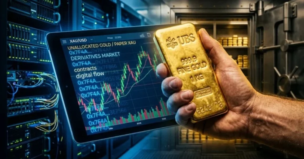 Conceptual image contrast showing digital paper gold trading charts next to a physical allocated gold bar.