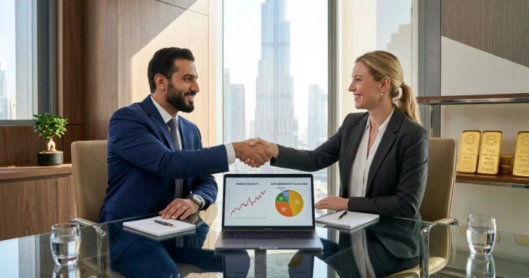 Corporate gold buying UAE Institutional investors shaking hands on a bullion acquisition agreement in a Dubai office.