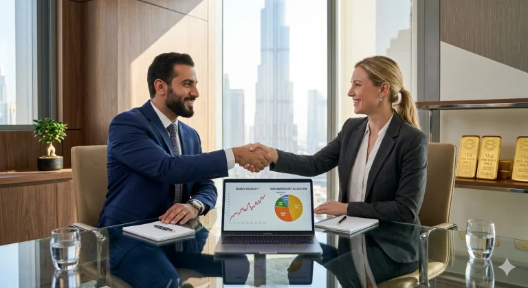 Corporate gold buying UAE Institutional investors shaking hands on a bullion acquisition agreement in a Dubai office.