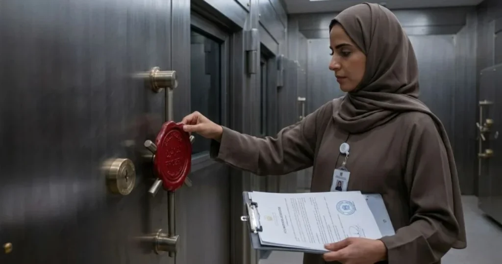 Een UAE-ambtenaar plaatst een rood lakzegel op een kluisdeur om bevriezing van een nalatenschap fysiek goud VAE. te tonen