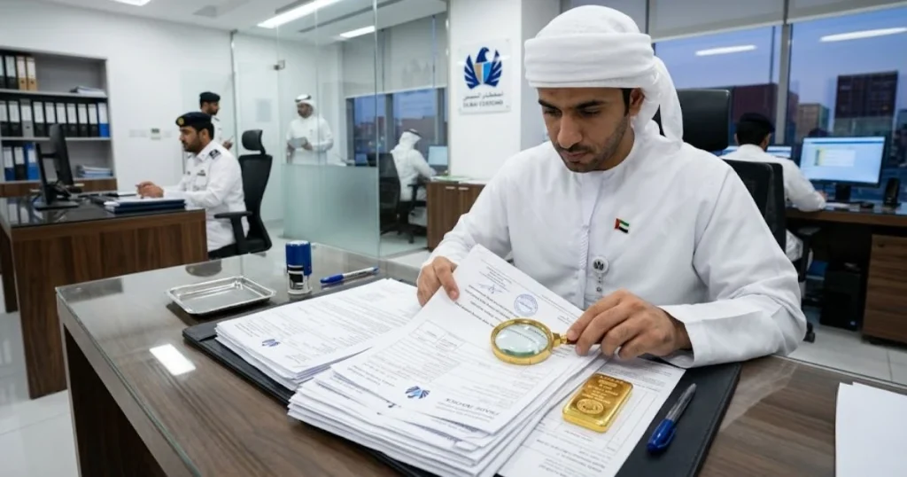Een douanebeambte in Dubai inspecteert importdocumenten en een goudstaaf met een assay-stempel om naleving van de OESO-richtlijnen te verifiëren.