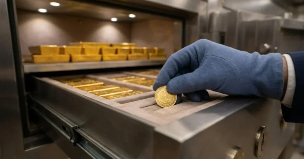 Een gehandschoende hand pakt een gouden munt uit een kluislade vol goudstaven ter bescherming van een nalatenschap fysiek goud VAE.