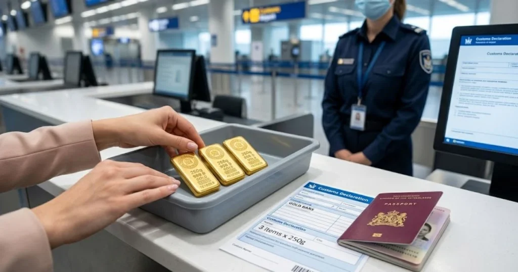 Een investeerder geeft goudstaven en een Nederlands paspoort aan bij de douane op Schiphol, voldoend aan de aangifteplicht boven €10.000.