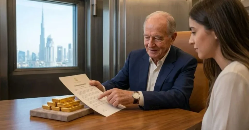 Een man bespreekt een stichtingsdocument voor de nalatenschap fysiek goud VAE met zijn erfgename in Dubai.