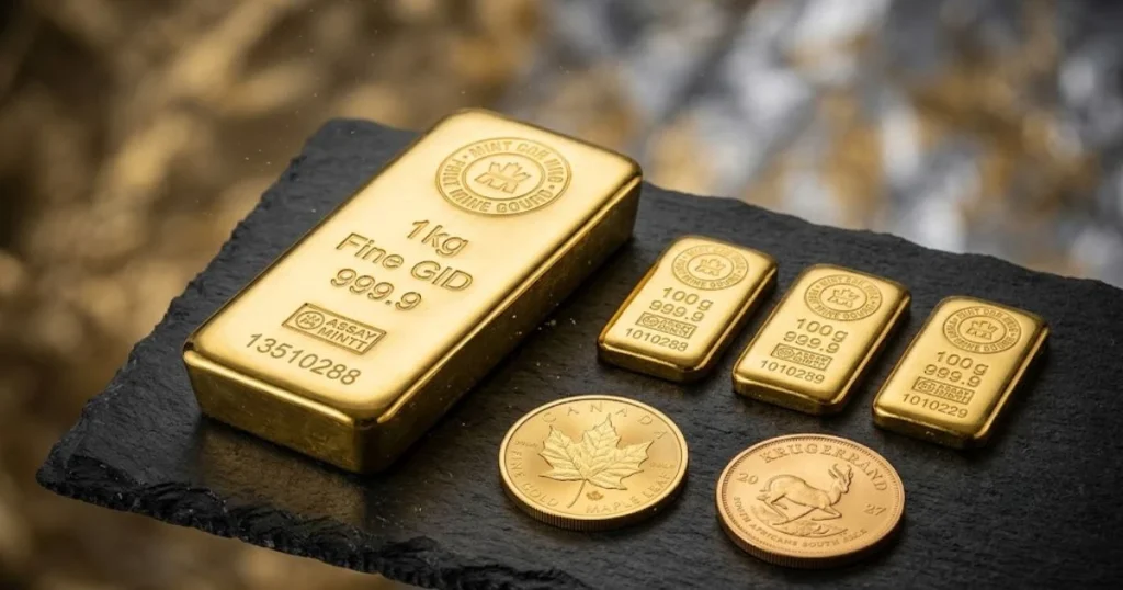 Fysiek beleggingsgoud, inclusief 1 kg goudstaven en gouden munten, ter illustratie van Box 3 bezittingen.