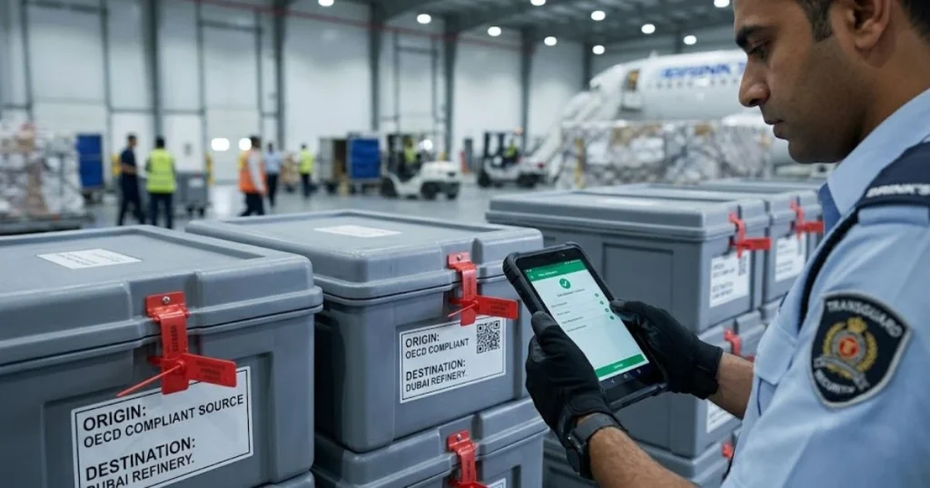Gold trade finance Dubai A security officer verifies a physical gold bar against the UAE goAML compliance portal.