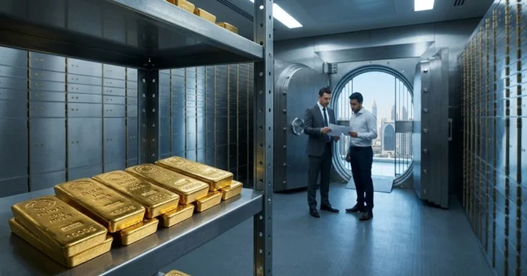 Gold trade finance Dubai Stamped 999.9 gold bars in a secure vault with the DMCC skyline in the background.