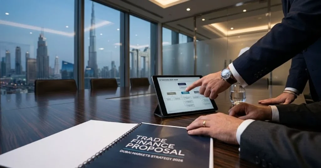 Gold trade finance Dubai advisors Experts collaborating on a trade finance proposal in a Dubai conference room.