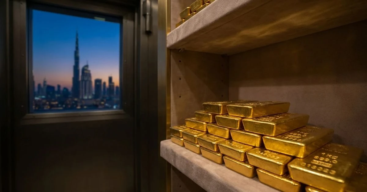 Goudstaven in een beveiligde kluis met uitzicht op de skyline van Dubai voor de planning van een nalatenschap fysiek goud VAE.