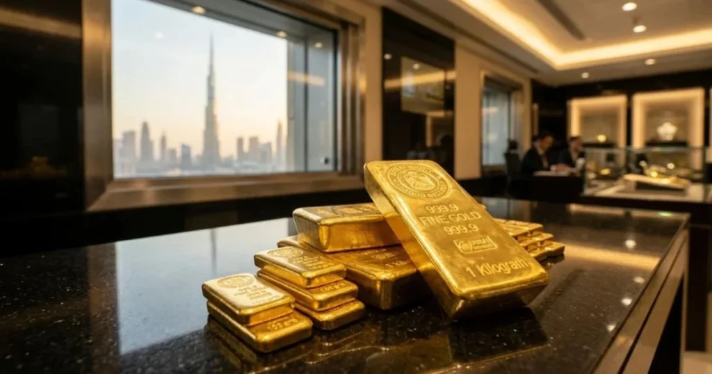High-purity 24-karat gold bars certified under the Dubai Good Delivery standard with the city skyline background.