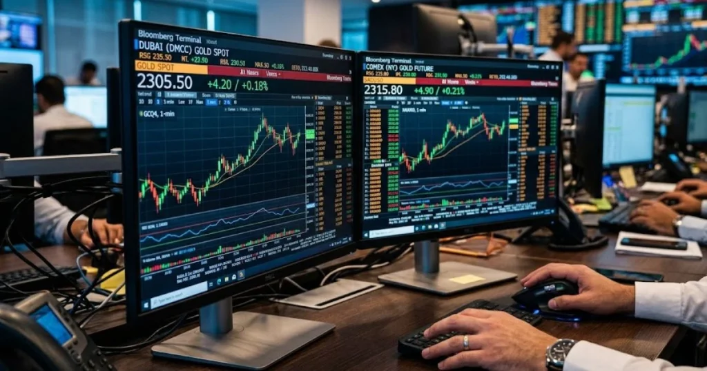 Monitors displaying a gold price spread between Dubai DMCC and COMEX NY futures, visualizing the opportunity for a gold arbitrage strategy Dubai.