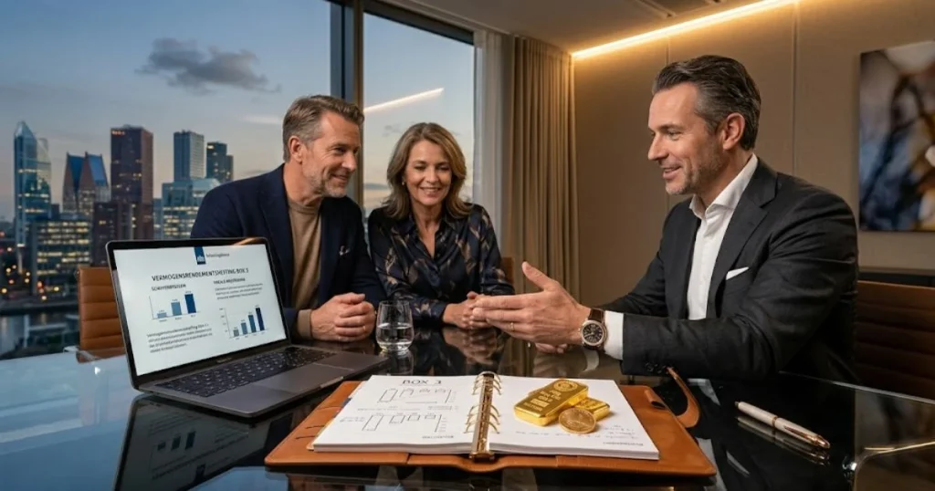 Professionele fiscalist adviseert een stel over de fiscale gevolgen van goud verkopen in Dubai en Box 3 aangifte in Nederland.