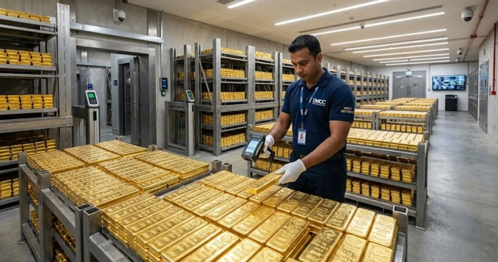 Secure storage vault in Dubai showing extensive rows of stacked 1kg gold bullion bars, representing the physical liquidity for gold arbitrage strategy Dubai.