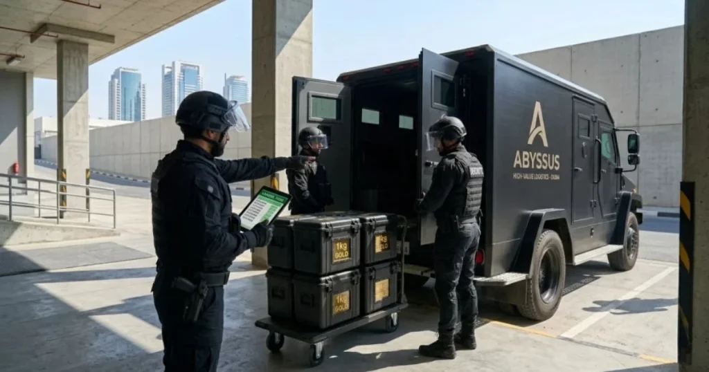 Securing a high-value asset corridor Loading 1kg gold bars into an armored transport vehicle in the UAE.
