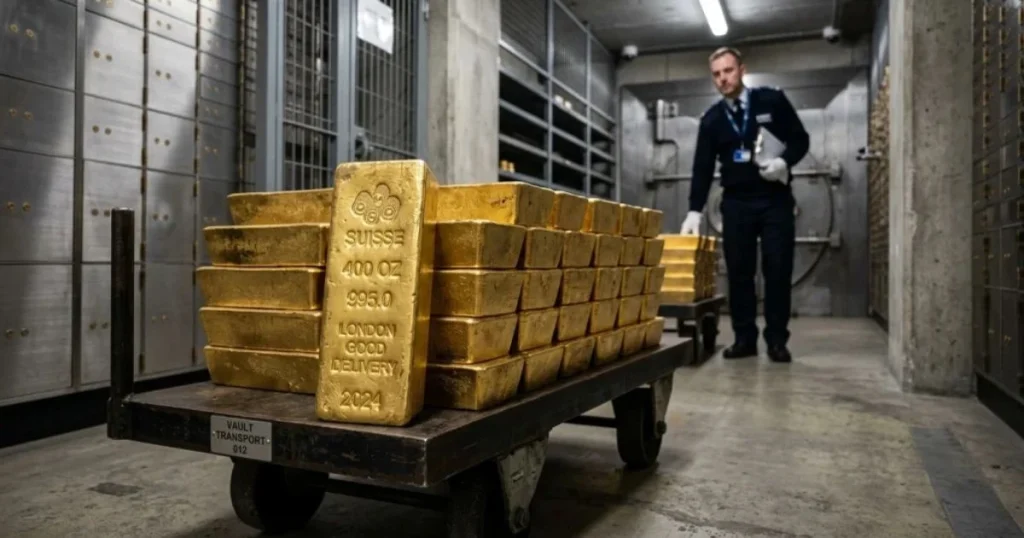 Stacks of official 400 oz London Good Delivery gold bars inside a secure bank vault.