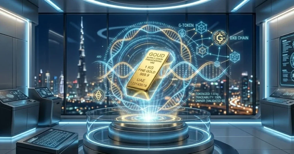 Toekomst van goud supply chain financiering VAE met blockchain technologie en digitale goud tokenisatie in Dubai.