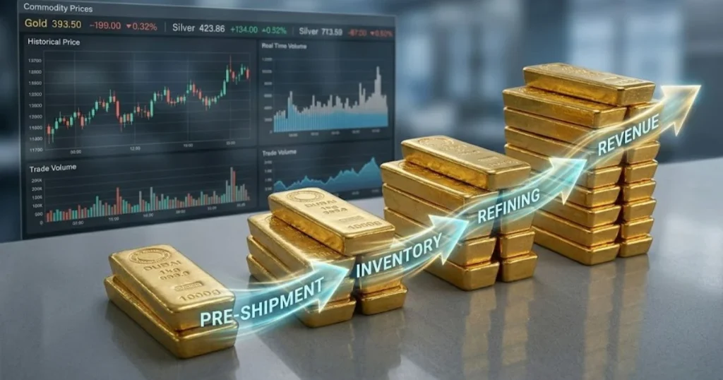 Types of Gold Trade Finance Dubai Visual flow representing pre-shipment, inventory, and revenue capital structures for bullion traders.