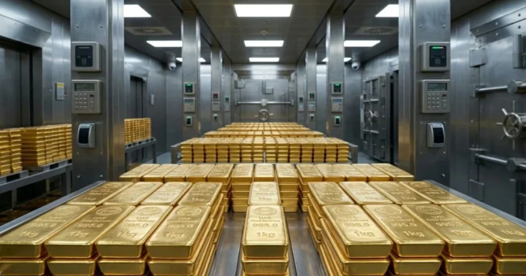 UAE Good Delivery 1kg gold bars with 995.0 purity stamp stored in a secure corporate vault.