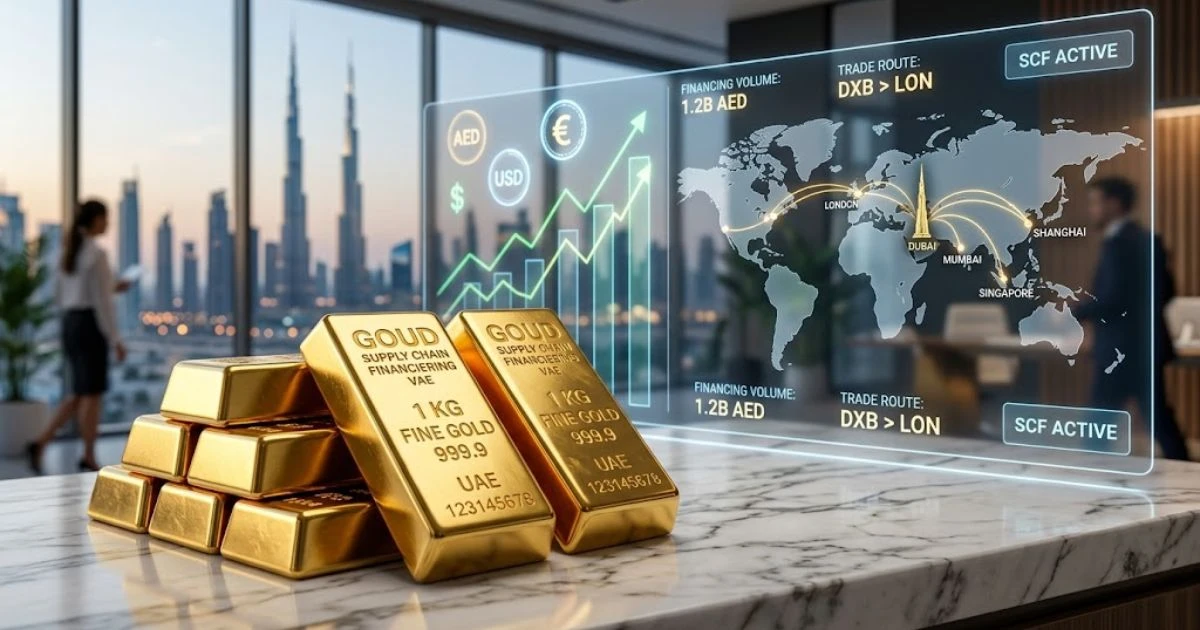 goud supply chain financiering VAE - Fysieke goudstaven en digitale werkkapitaal grafieken in Dubai.