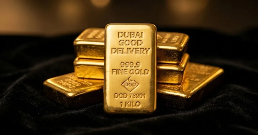tapels gepolijste 24 karaat goudstaven met de 'Dubai Good Delivery.