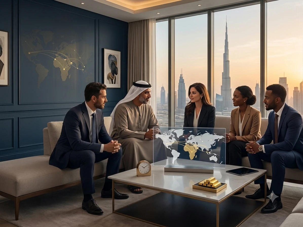 A diverse group of global investors and wealth advisors in a luxury Dubai office discussing cross-border investment advisory, featuring a global trade map and physical gold bullion.