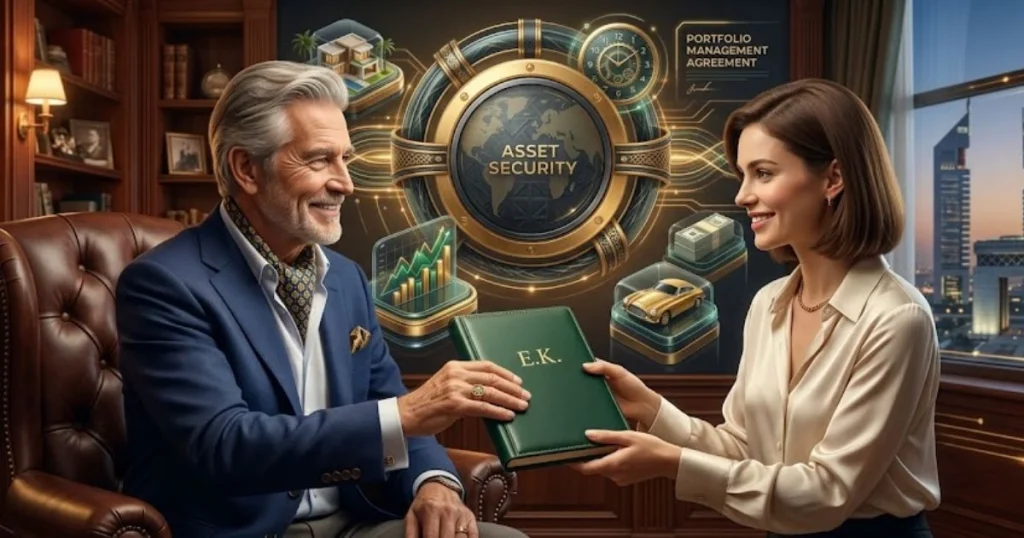 A grandfather passing a legacy journal to his successor, symbolizing wealth transfer via a DIFC family office setup.