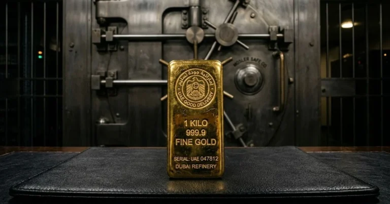 A polished 1-kilogram gold bar with the UAE Good Delivery stamp inside a high-security vault, illustrating secure gold supply chain financing UAE.
