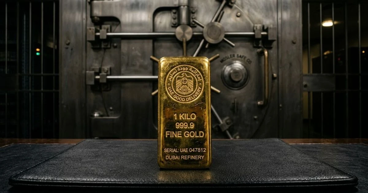 A polished 1-kilogram gold bar with the UAE Good Delivery stamp inside a high-security vault, illustrating secure gold supply chain financing UAE.