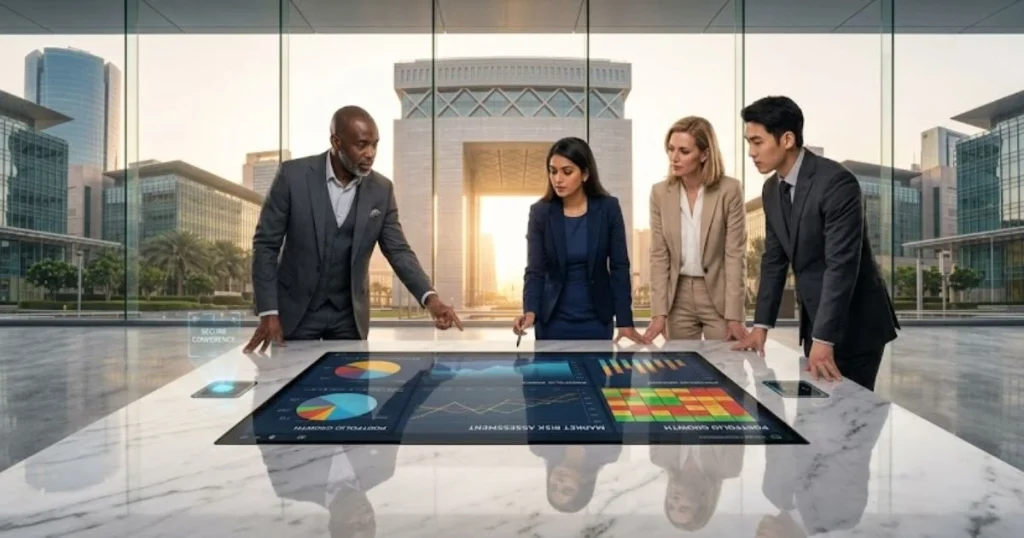 A professional team discussing strategy for a single family office governance in the DIFC.