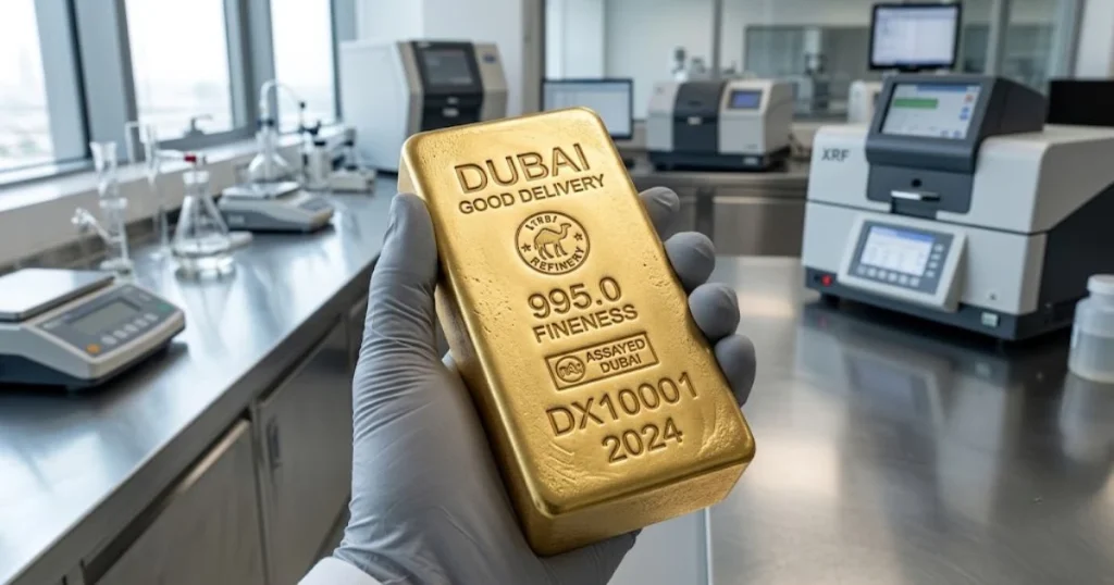 A refinery quality inspector verifies the 995.0 purity stamps on a Dubai Good Delivery (DGD) standard gold bar.