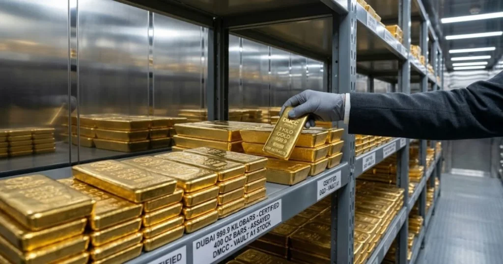 A secure storage vault in Dubai holding authenticated, stamped gold bullion as part of a verified gold supply chain.