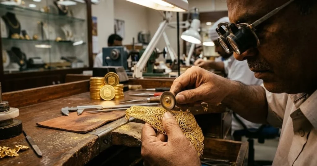 A skilled artisan polishes an intricate 24k gold necklace in a Dubai workshop, visualizing the end product supported by gold supply chain financing UAE.