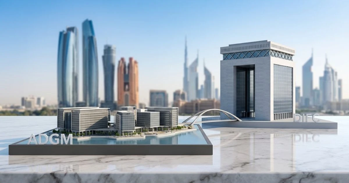 ADGM Al Maryah Island Abu Dhabi vs DIFC Gate Dubai architectural models illustrating corporate jurisdiction choice.