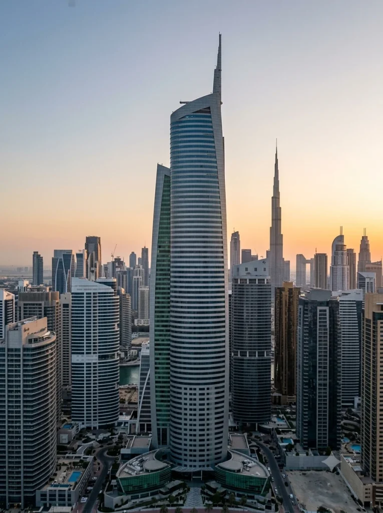 Aerial view of Dubai cityscape at sunset featuring the Jumeirah Lakes Towers (JLT) skyline, the prominent Almas Tower spire, and the Burj Khalifa in the distance.