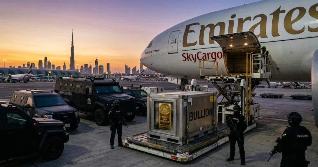 Armored transport vehicles load secure bullion crates onto a cargo plane at dusk in Dubai, representing the physical gold supply chain UAE.