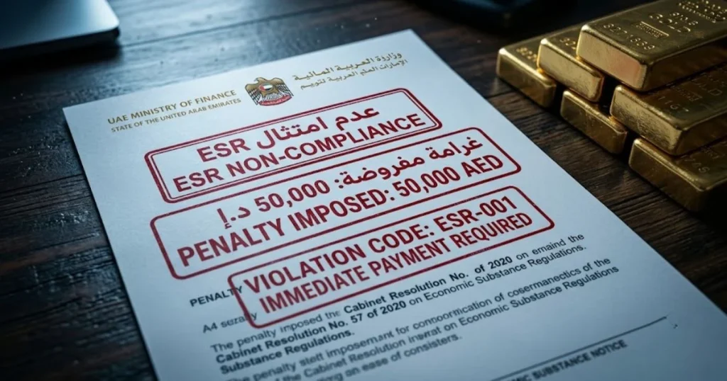 Boetes en sancties voor VAE economic substance goud Officieel document met ESR niet-nalevingsstempel.