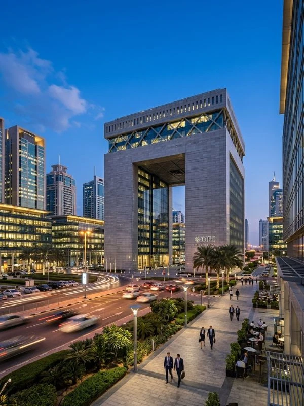 Dubai International Financial Centre (DIFC) Gate Building at twilight, featuring the central arch and surrounding skyline.