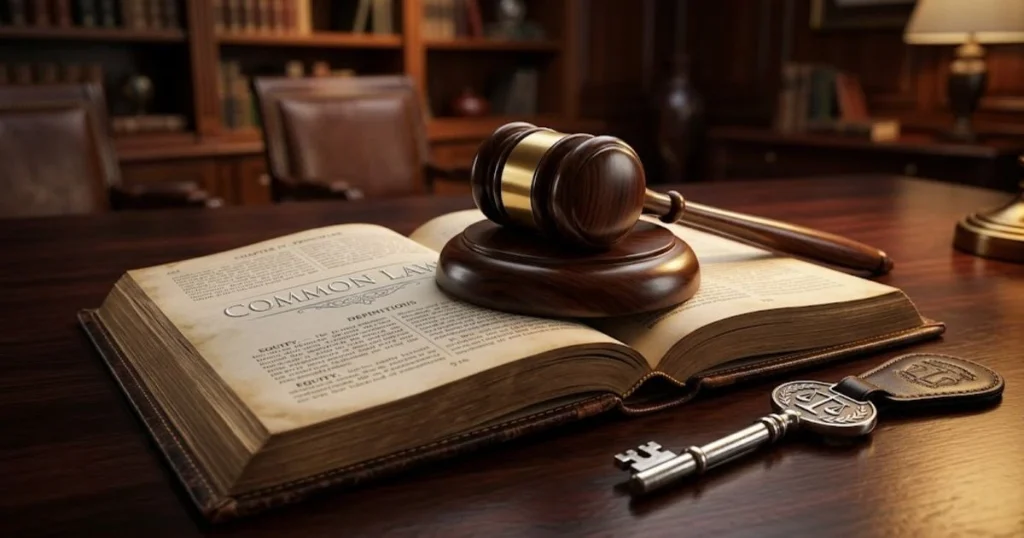 Een close-up van een juridische hamer die rust op een open wetboek gemarkeerd met 'COMMON LAW', symbool staand voor het rechtssysteem van ADGM en DIFC holdingmaatschappijen.