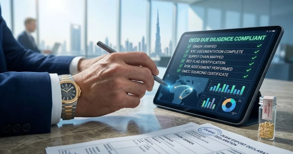 Een compliance officer in Dubai controleert documenten voor een geverifieerde goud toeleveringsketen.