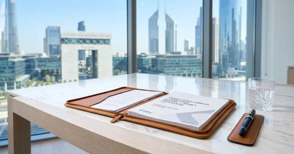 Een georganiseerd bureau in een DIFC-kantoor met een succesvol jaarverslag van een Single Family Office na de succesvolle oprichting.
