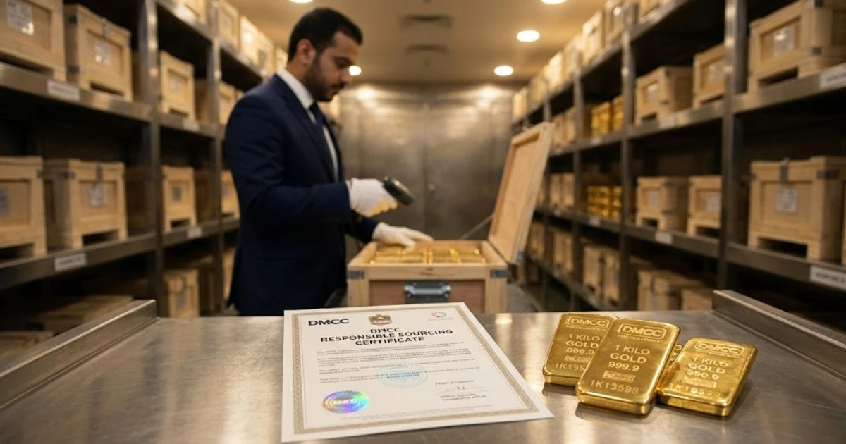 Een geverifieerde goud toeleveringsketen Dubai certificaat naast fysieke goudstaven in een beveiligde kluis.