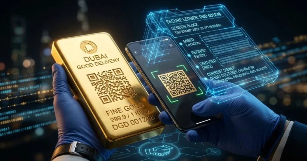 Een goudstaaf met een QR-code wordt gescand door een smartphone, die een oplichtende blockchain-tijdlijn visualiseert die de volledige geschiedenis van het goud toont.