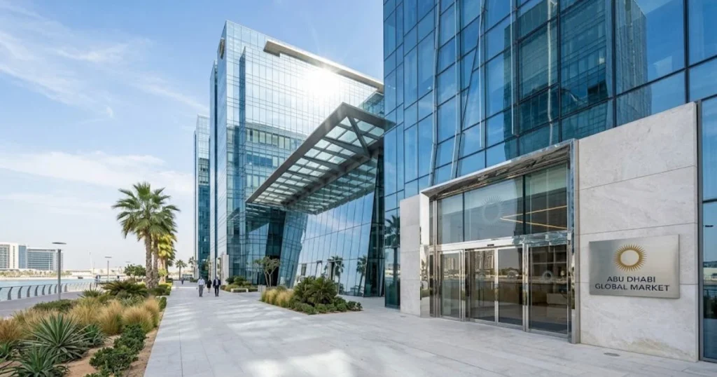 Een modern glazen kantoorgebouw op Al Maryah Island in Abu Dhabi, de thuisbasis van Abu Dhabi Global Market (ADGM) vrije zone voor holdingmaatschappijen.
